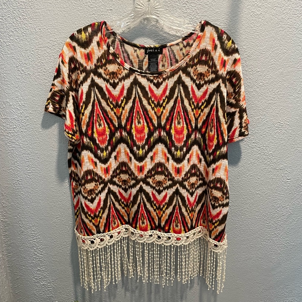 Dazzling Abstract Print Top with Crochet Fringe